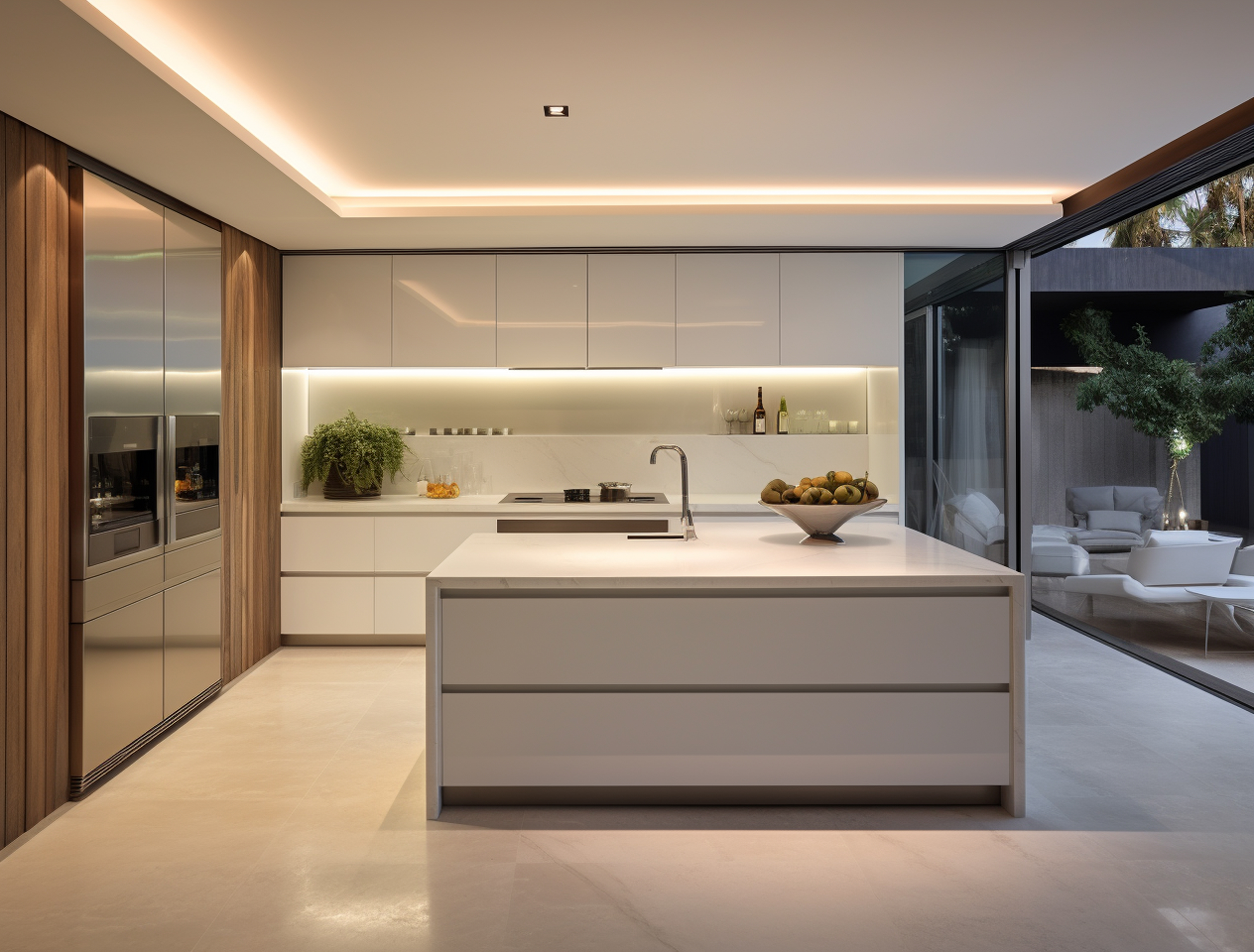 Modern white kitchen with brass fixtures
